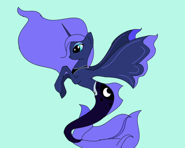 Size: 1856x1486 | Tagged: safe, artist:nutmeg04, derpibooru import, princess luna, alicorn, merpony, pony, seapony (g4), blue background, blue eyes, blue mane, colored pupils, female, fin wings, fish tail, flowing mane, flowing tail, horn, image, png, seaponified, seapony luna, simple background, solo, species swap, tail, wings