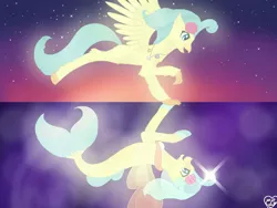 Size: 1024x768 | Tagged: safe, artist:crystalglitters, derpibooru import, princess skystar, classical hippogriff, hippogriff, seapony (g4), my little pony: the movie, beak, bioluminescent, blue eyes, blue mane, bubble, claws, clothes, female, fin wings, fish tail, flower, flower in hair, flowing tail, glow, image, jewelry, jpeg, necklace, night, ocean, open mouth, pearl necklace, see-through, sky, smiling, solo, spread wings, sunset, tail, underwater, water, wings