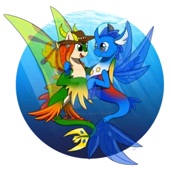 Size: 1600x1582 | Tagged: safe, artist:nightmareadagio, derpibooru import, oc, unofficial characters only, changedling, changeling, seapony (g4), blue eyes, clothes, crepuscular rays, deviantart watermark, dorsal fin, fin wings, fish tail, flowing mane, flowing tail, glasses, green eyes, hat, horns, image, obtrusive watermark, ocean, open mouth, open smile, orange mane, png, seaponified, see-through, smiling, species swap, sunlight, tail, underwater, water, watermark, wings