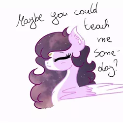 Size: 750x750 | Tagged: safe, artist:droopihorn, derpibooru import, oc, oc:lullaby, unofficial characters only, pegasus, pony, ask, bust, ear fluff, ethereal mane, eyelashes, female, image, jpeg, mare, pegasus oc, simple background, smiling, solo, starry mane, two toned wings, white background, wings