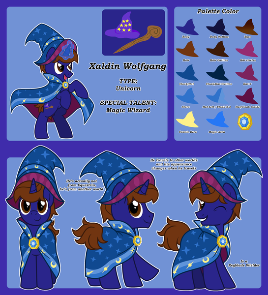 Size: 2000x2200 | Tagged: safe, artist:yokokinawa, derpibooru import, oc, oc:xaldin wolfgang, unicorn, cloak, clothes, hat, horn, image, magic, magic aura, png, reference sheet, unicorn oc, wizard hat