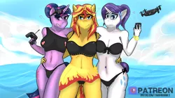 Size: 1640x924 | Tagged: suggestive, alternate version, artist:twilyshimmer, derpibooru import, princess celestia, rarity, sunset shimmer, twilight sparkle, twilight sparkle (alicorn), alicorn, anthro, unicorn, beach, big breasts, black underwear, breasts, busty rarity, busty sunset shimmer, busty twilight sparkle, butt, clothes, cutie mark, female, females only, high res, image, looking at you, phone, png, quadcopter, sexy, stupid sexy rarity, stupid sexy sunset shimmer, stupid sexy twilight, sunbutt, sunglasses on head, swimsuit, tail, underwear, wallpaper