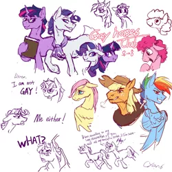 Size: 1300x1300 | Tagged: safe, artist:cyan-six, derpibooru import, applejack, pinkie pie, rainbow dash, rarity, twilight sparkle, pony, applejack (male), book, bubble berry, dialogue, dusk shine, elusive, female, floppy ears, glasses, grin, hay stalk, image, male, mare, neckerchief, open mouth, open smile, png, rainbow blitz, rule 63, self ponidox, simple background, sketch, smiling, stallion, straw in mouth, white background
