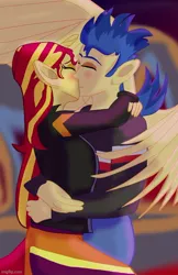 Size: 500x773 | Tagged: safe, artist:jongoji245, derpibooru import, edit, flash sentry, sunset shimmer, equestria girls, cropped, female, flashimmer, horn, image, jpeg, kissing, male, shipping, straight, wings