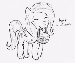 Size: 706x593 | Tagged: safe, artist:swiftcutter, derpibooru import, fluttershy, pegasus, pony, basket, eyes closed, female, grayscale, image, jpeg, mare, monochrome, mouth hold, pencil drawing, picnic basket, smiling, solo, traditional art