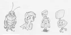 Size: 1280x628 | Tagged: safe, artist:swiftcutter, derpibooru import, rainbow dash, oc, anthro, cat, cockroach, insect, pegasus, pony, robot, chair, female, grayscale, image, jpeg, mare, monochrome, non-mlp oc, pencil drawing, sketch, sketch dump, traditional art
