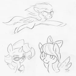 Size: 1000x1000 | Tagged: safe, artist:swiftcutter, derpibooru import, flitter, rarity, pegasus, pony, unicorn, bow, female, goggles, grayscale, hair bow, image, mare, monochrome, pencil drawing, png, rarity's glasses, sketch, sketch dump, traditional art, unknown pony