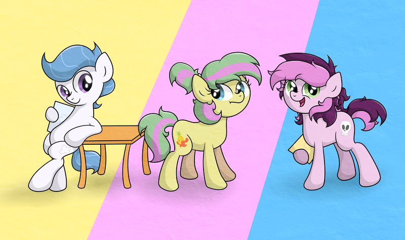 Size: 5584x3312 | Tagged: safe, artist:background basset, derpibooru import, earth pony, pony, my little pony: pony life, bipedal, bipedal leaning, computer, female, image, laptop computer, leaning, lilith (character), male, mare, pineapple salsa, png, stallion, table