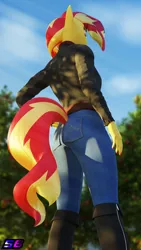 Size: 2160x3840 | Tagged: safe, artist:shadowboltsfm, derpibooru import, sunset shimmer, anthro, plantigrade anthro, 3d, 4k, beautiful, blender, boots, breasts, clothes, female, hand on hip, image, jacket, jeans, low angle, nail polish, not sfm, pants, png, rear view, shoes, standing