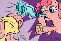 Size: 1024x683 | Tagged: safe, artist:one-real-summer, derpibooru import, fluttershy, pinkie pie, flugelhorn, horseshoes, image, jpeg, phineas and ferb, sneezing, song reference