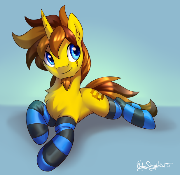 Size: 2058x2000 | Tagged: safe, artist:jedayskayvoker, derpibooru import, oc, oc:ethanater, pony, unicorn, beard, clothes, facial hair, facial markings, gradient background, horn, image, male, png, socks, solo, stallion, striped socks, unicorn oc