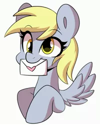 Size: 2400x3000 | Tagged: safe, artist:sakukitty, derpibooru import, derpy hooves, pegasus, pony, bust, cute, derpabetes, female, heart eyes, high res, image, jpeg, letter, mare, mouth hold, simple background, solo, white background, wingding eyes