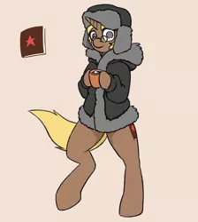 Size: 3508x3920 | Tagged: safe, artist:sneetymist, derpibooru import, oc, oc:scarlet star, unofficial characters only, pony, unicorn, book, chocolate, clothes, commission, drink, empathy cocoa, female, fluffy, food, fur coat, glasses, hat, hot chocolate, image, jacket, mare, parka, partial nudity, png, simple background, solo, ushanka, winter outfit
