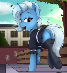 Size: 2894x3129 | Tagged: suggestive, artist:felixf, derpibooru import, trixie, pony, unicorn, butt, clothes, image, looking at you, plot, png, running, school uniform, schoolgirl, smiling, smiling at you, underhoof