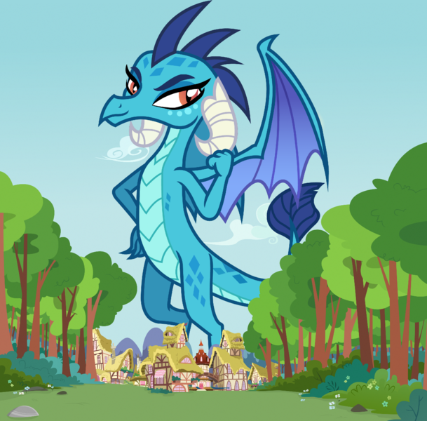 Size: 1280x1262 | Tagged: safe, artist:boneswolbach, artist:davidsfire, derpibooru import, princess ember, dragon, pony, dragoness, female, giant dragon, giantess, image, macro, mare, png, ponyville