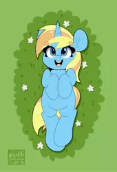 Size: 2726x4000 | Tagged: safe, artist:partylikeanartist, derpibooru import, oc, oc:skydreams, unofficial characters only, pony, unicorn, female, flower, grass, image, jpeg, looking at you, lying down, mare, raffle prize