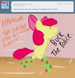 Size: 650x675 | Tagged: safe, artist:letterstoapplebloom-blog-blog, derpibooru import, apple bloom, pony, bipedal, clothes, female, filly, fuck the police, image, png, socks, solo, standing on two hooves, text, tumblr, vulgar