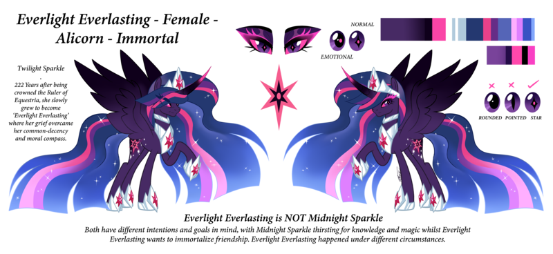 Size: 5266x2421 | Tagged: safe, artist:inspiredpixels, derpibooru import, twilight sparkle, twilight sparkle (alicorn), alicorn, pony, crown, curved horn, ethereal mane, female, hoof shoes, horn, image, jewelry, mare, multicolored horn, nightmare twilight, nightmarified, older, older twilight, peytral, png, reference sheet, regalia, simple background, solo, spread wings, starry mane, transparent background, ultimate twilight, wings