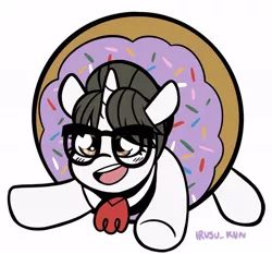Size: 680x634 | Tagged: safe, artist:lrusu, derpibooru import, raven, pony, unicorn, commission, cute, donut, female, food, glasses, hair bun, image, jpeg, looking at you, mare, necktie, ravenbetes, secretary, simple background, smiling, smiling at you, sprinkles, white background, ych result