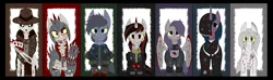 Size: 7802x2306 | Tagged: grimdark, artist:rorrek, derpibooru import, oc, oc:blackjack, oc:boo, oc:dealer, oc:lacunae, oc:morning glory (project horizons), oc:p-21, oc:rampage, alicorn, earth pony, pegasus, pony, skeleton pony, unicorn, fallout equestria, fallout equestria: project horizons, augmented, blood, blood on face, bone, crying, derpibooru exclusive, dirty, duster, edgy, fanfic art, image, multiple variants, png, prosthetics, skeleton, tears of blood