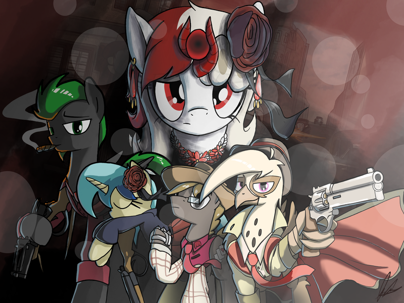 Size: 4000x3000 | Tagged: safe, artist:flaremoon, derpibooru import, oc, oc:flare-moon, oc:mercury haze, oc:razlad, oc:trestle, oc:villainshima, earth pony, gryphon, pegasus, pony, unicorn, brass knuckles, cigar, clothes, griffon oc, gun, handgun, hat, image, jewelry, mafia, png, revolver, shotgun, weapon