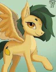 Size: 900x1165 | Tagged: safe, artist:warskunk, derpibooru import, oc, unofficial characters only, pegasus, pony, female, green background, image, jpeg, looking at you, mare, pegasus oc, raised hoof, simple background, smiling, smiling at you, solo, wings