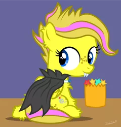 Size: 2000x2095 | Tagged: safe, derpibooru import, oc, oc:mist dasher, pony, vampire, alternate hairstyle, candy, candy bag, chest fluff, clothes, costume, ear fluff, fake fangs, female, filly, food, freckles, halloween, halloween costume, holiday, image, nightmare night, png, solo, vampire costume