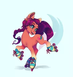 Size: 1788x1887 | Tagged: safe, artist:_psiionix_, derpibooru import, sunny starscout, earth pony, pony, g5, blue background, braid, colored ears, female, gradient hooves, image, jpeg, mare, roller skates, simple background, skates, solo