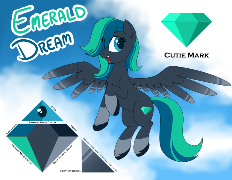 Size: 3100x2400 | Tagged: safe, artist:ponynamedmixtape, derpibooru import, oc, oc:emerald dream, unofficial characters only, pegasus, coat markings, color palette, female, flying, image, png, reference sheet, socks (coat marking), solo, unshorn fetlocks, wings