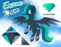 Size: 3100x2400 | Tagged: safe, artist:ponynamedmixtape, derpibooru import, oc, oc:emerald dream, unofficial characters only, pegasus, coat markings, color palette, female, flying, image, png, reference sheet, socks (coat marking), solo, unshorn fetlocks, wings