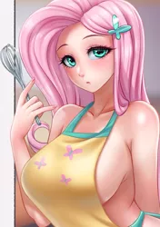 Size: 953x1351 | Tagged: suggestive, artist:racoonsan, edit, fluttershy, human, apron, clothes, cropped, female, humanized, image, png, solo, whisk