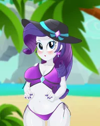 Size: 3000x3776 | Tagged: suggestive, artist:diamondheart21, derpibooru import, rarity, equestria girls, equestria girls series, beautisexy, bedroom eyes, belly button, bikini, bikini top, breasts, busty rarity, clothes, curvy, female, image, jpeg, looking at you, nail polish, open mouth, palm tree, solo, stupid sexy rarity, swimsuit, tree, water