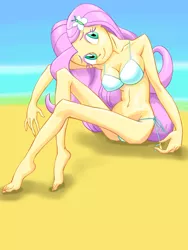 Size: 1668x2224 | Tagged: suggestive, artist:xjleiu, derpibooru import, fluttershy, equestria girls, barefoot, beach, bikini, breasts, busty fluttershy, clothes, feet, hairpin, image, midriff, png, solo, swimsuit, two piece swimsuit