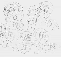 Size: 1560x1466 | Tagged: safe, artist:dotkwa, derpibooru import, fluttershy, oc, oc:dotmare, earth pony, pegasus, pony, butt, canon x oc, female, flutterbutt, holding hooves, image, jpeg, kissy face, mare, monochrome, nuzzling, plot, shipping, sitting, sketch, sketch dump, squishy cheeks