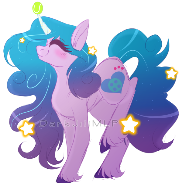 Size: 3862x3871 | Tagged: safe, artist:darkjillmlp123, derpibooru import, izzy moonbow, pony, unicorn, ball, blushing, cute, eyes closed, female, g5, high res, horn, horn guard, horn impalement, hornball, image, izzy's tennis ball, izzybetes, mare, png, simple background, smiling, solo, stars, tennis ball, transparent background, unshorn fetlocks