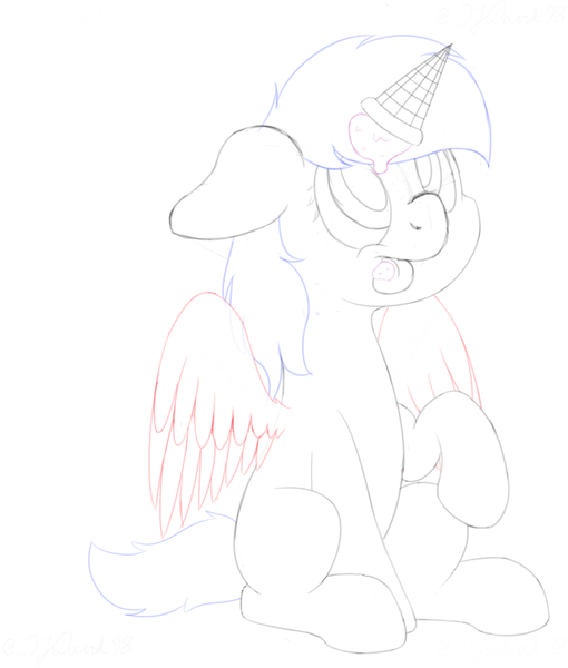 Size: 3400x4000 | Tagged: safe, artist:djdavid98, derpibooru import, pony, commission, female, floppy ears, food, ice cream, ice cream cone, ice cream horn, image, looking up, mare, png, raised hoof, simple background, sitting, sketch, solo, spread wings, tongue out, white background, wings, ych example, ych sketch, your character here