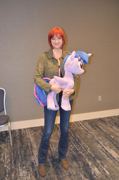 Size: 1993x3009 | Tagged: safe, artist:172rainbow, artist:nazegoreng, derpibooru import, twilight sparkle, twilight sparkle (alicorn), alicorn, human, babscon, babscon 2016, image, irl, irl human, jpeg, lauren faust, photo, plushie