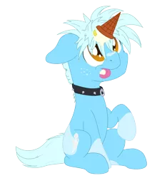 Size: 3400x4000 | Tagged: safe, artist:djdavid98, derpibooru import, oc, oc:rin (wildbatpony), unofficial characters only, earth pony, pony, amber eyes, blue coat, coat markings, collar, colored pupils, commission, floppy ears, food, freckles, ice cream, ice cream cone, ice cream horn, image, lemon, looking up, male, png, raised leg, simple background, sitting, socks (coat marking), solo, solo male, spiked collar, spiky mane, tongue out, transparent background, ych result