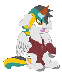 Size: 3400x4000 | Tagged: safe, artist:djdavid98, derpibooru import, oc, oc:lundashy, unofficial characters only, pegasus, pony, brown eyes, clothes, commission, fangs, floppy ears, food, gray coat, ice cream, ice cream cone, ice cream horn, image, looking up, male, png, raised leg, simple background, sitting, solo, solo male, spread wings, tongue out, transparent background, unshorn fetlocks, wings, ych result