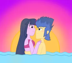 Size: 2448x2132 | Tagged: safe, artist:egtwiflash, derpibooru import, flash sentry, twilight sparkle, equestria girls, bare chest, beach, bikini, blushing, clothes, female, flashlight, image, looking at each other, male, png, romance, shipping, straight, sunset, swimming, swimsuit