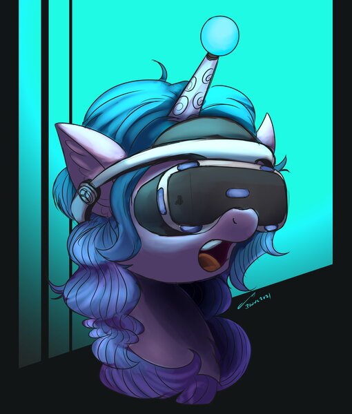 Size: 1632x1920 | Tagged: safe, artist:buckweiser, derpibooru import, izzy moonbow, pony, unicorn, ball, female, g5, hornball, image, izzy's tennis ball, jpeg, mare, open mouth, playstation, solo, tennis ball, virtual reality, vr headset