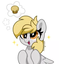 Size: 996x1075 | Tagged: safe, artist:kittyrosie, derpibooru import, derpy hooves, pegasus, pony, blushing, food, image, muffin, open mouth, png, simple background, that pony sure does love muffins, thought bubble, white background