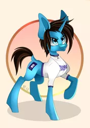 Size: 2894x4093 | Tagged: safe, artist:violettsun, derpibooru import, ponified, pony, unicorn, clothes, commission, geoff wigington, horn, image, male, nose piercing, piercing, png, raised leg, shirt, simple background, solo, stallion, t-shirt, waterparks, ych result