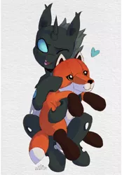 Size: 1640x2360 | Tagged: safe, artist:kotya, derpibooru import, oc, oc:tarsi, changeling, fox, changeling oc, commission, heart, hug, image, plushie, png, solo, ych result