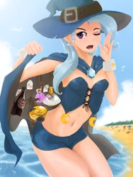 Size: 1536x2048 | Tagged: safe, artist:qzygugu, derpibooru import, trixie, human, beach, belly button, cape, clothes, cloud, flashback potion, hat, humanized, image, minecraft, ocean, one eye closed, open mouth, png, potion, sand, sky, swimsuit, tree, umbrella, water, witch hat