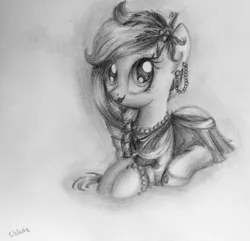 Size: 2493x2406 | Tagged: safe, artist:velvettia, derpibooru import, oc, oc:poppy seed (mec), clothes, dress, image, jpeg, mascot, middle equestrian convention, pencil drawing, solo, traditional art