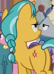 Size: 318x431 | Tagged: safe, derpibooru import, screencap, berry blend, berry bliss, citrine spark, fire quacker, unicorn, school daze, season 8, spoiler:s08, bedroom eyes, friendship student, image, jpeg