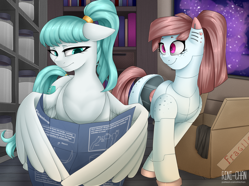 Size: 2667x2000 | Tagged: questionable, artist:rinikka, derpibooru import, oc, oc:lucid mirage, oc:robocum, unofficial characters only, pegasus, pony, robot, aeroverse, book, bookshelf, cardboard box, confused, female, freckles, frown, image, instructions, jar, jewelry, mare, painting, png, ponytail, ring, sexbot, smiling, standing, tail, tail ring, wing hands, wings