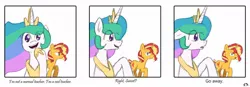 Size: 1199x418 | Tagged: safe, artist:dark shadow, derpibooru import, princess celestia, sunset shimmer, alicorn, unicorn, angry, annoyed, comic, dialogue, floppy ears, image, jpeg, looking at you, sad