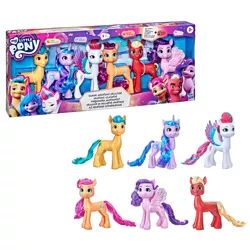 Size: 2000x2000 | Tagged: safe, derpibooru import, official, hitch trailblazer, izzy moonbow, pipp petals, sprout cloverleaf, sunny starscout, zipp storm, earth pony, pegasus, pony, unicorn, my little pony: a new generation, box, female, g5, hasbro logo, image, male, mane five (g5), mare, my little pony logo, png, simple background, stallion, target, text, toy, white background